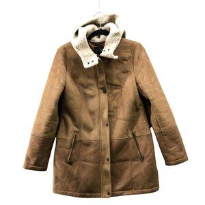 Jessica Simpson Faux Shearling Coat Womens M Hooded Mid Length Faux Suede Camel